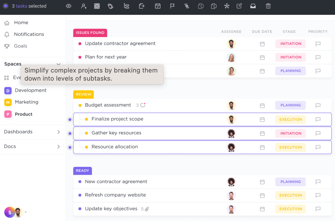 A screenshot of a creative agency project management software's 'Release Project' interface. The view shows a task list with categories 'ISSUES FOUND' and 'REVIEW', each with tasks such as 'Update contractor agreement', 'Plan for next year', and 'Budget assessment'. Visual cues indicate task stages like 'Initiation', 'Planning', and 'Execution', with profile pictures denoting assignees and icons for comments and attachments.