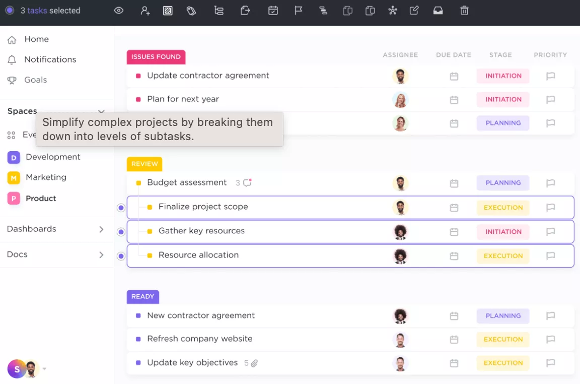 A screenshot of a creative agency project management software's 'Release Project' interface. The view shows a task list with categories 'ISSUES FOUND' and 'REVIEW', each with tasks such as 'Update contractor agreement', 'Plan for next year', and 'Budget assessment'. Visual cues indicate task stages like 'Initiation', 'Planning', and 'Execution', with profile pictures denoting assignees and icons for comments and attachments.