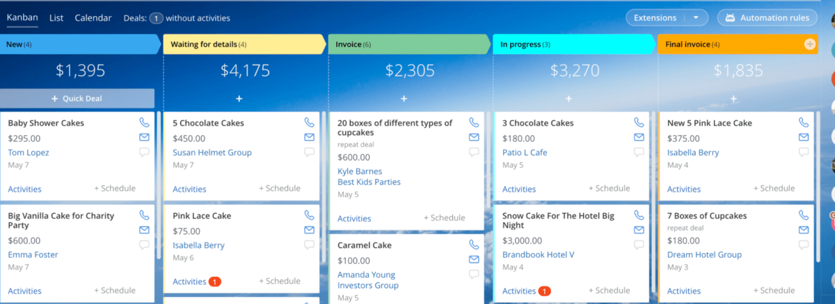 A screenshot of a project management software displaying a Kanban board with columns for different deal stages, including new, waiting for details, invoice, and in progress, tailored for architecture project management software.