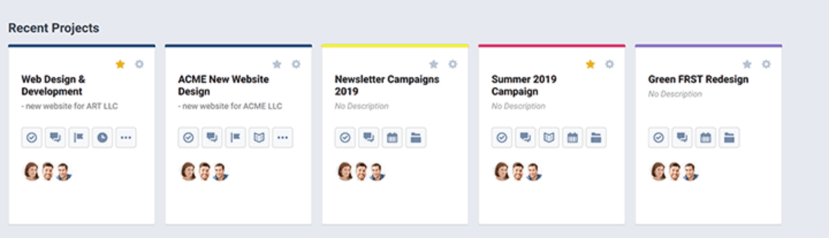 A screenshot of a project management software displaying recent projects as individual cards with titles, team members, and quick action icons, optimized for architecture project management software.
