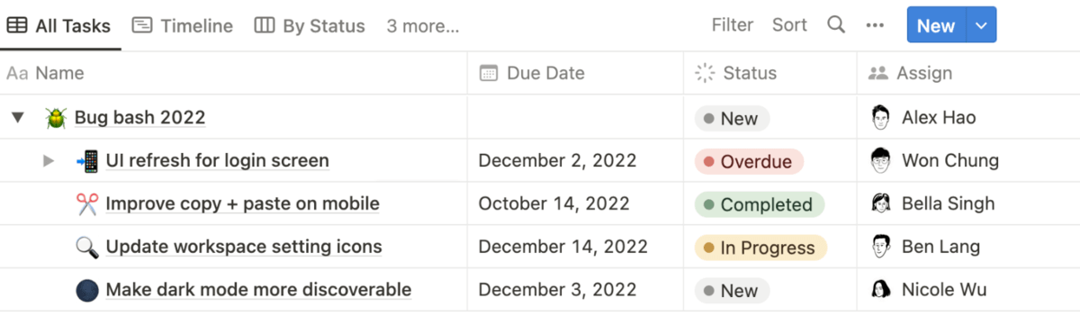 A screenshot of a project management software displaying a task list view with due dates, statuses, and assigned team members, tailored for architecture project management software.